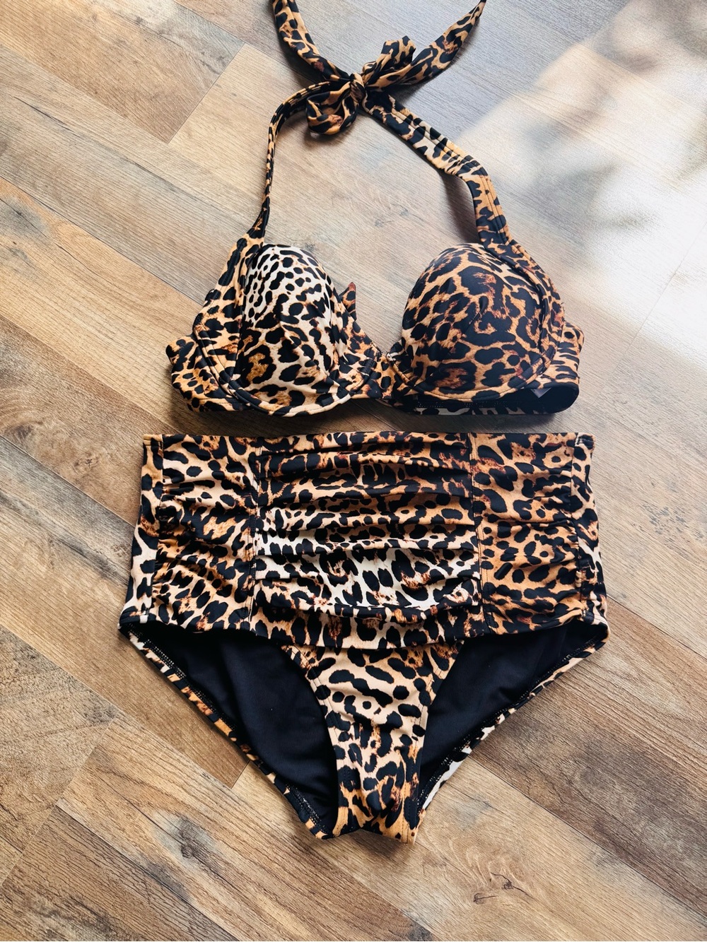 Calvin Klein Leopard Animal Print Halter Bikini Swimsuit Set S High Waist